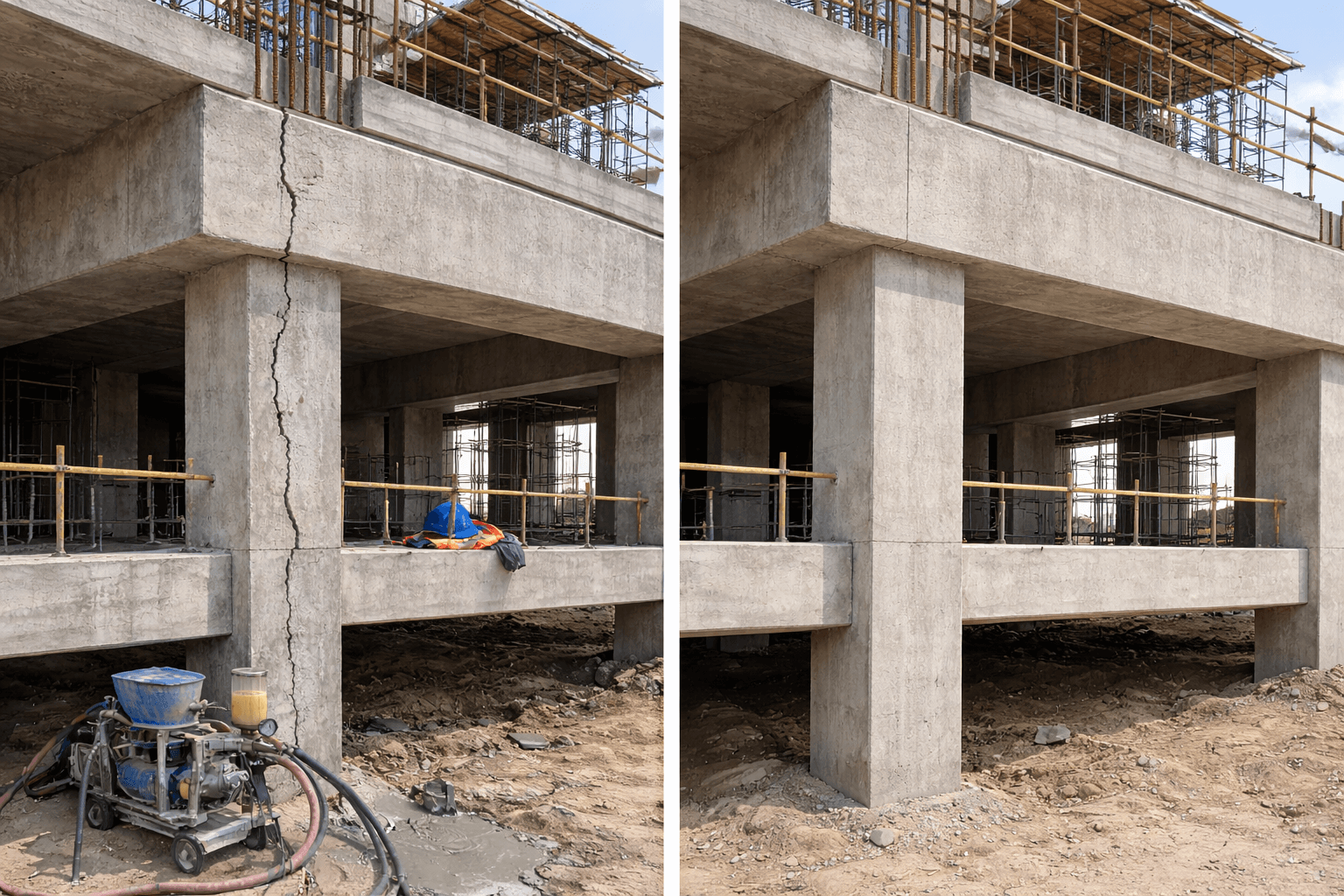 تحسن حالة الخرسانة قبل وبعد تنفيذ أعمال معالجة الشروخ